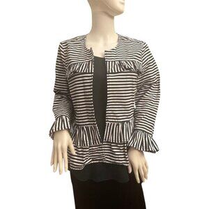 Loft Women's Navy Blue and White Ruffled Linen Cotton Blazer Jacket Size Small